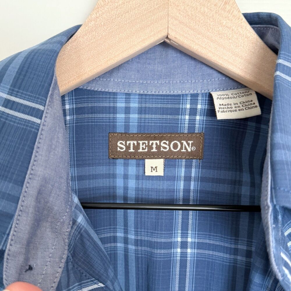 Stetson Mens M Blue Plaid Matte Navy Pearl Snap Long Sleeve Button Down Shirt - Picture 2 of 9